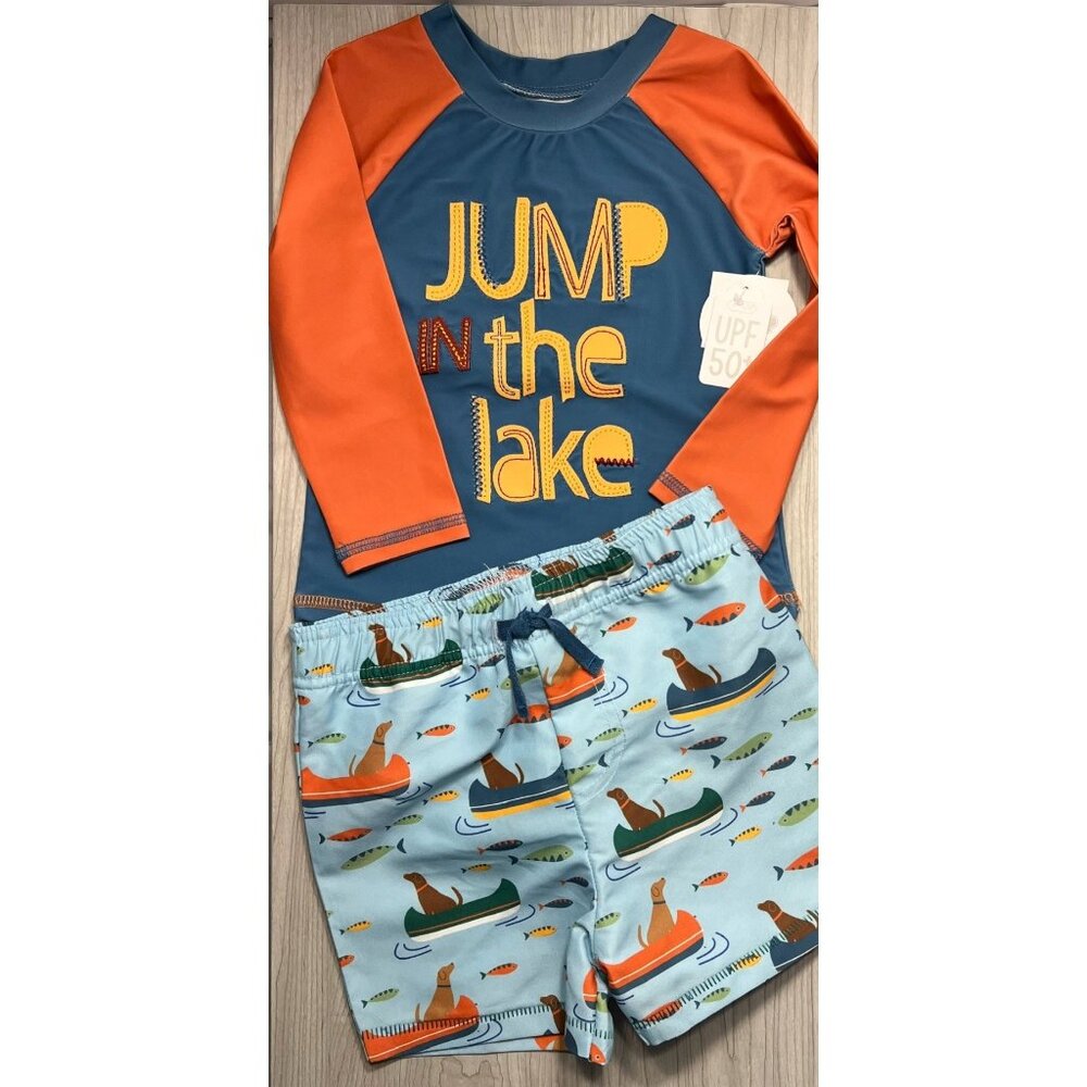 Mud Pie 12-18m Jump in Lake 2pc rash guard swim suit trunks Canoe boat dog UPF
